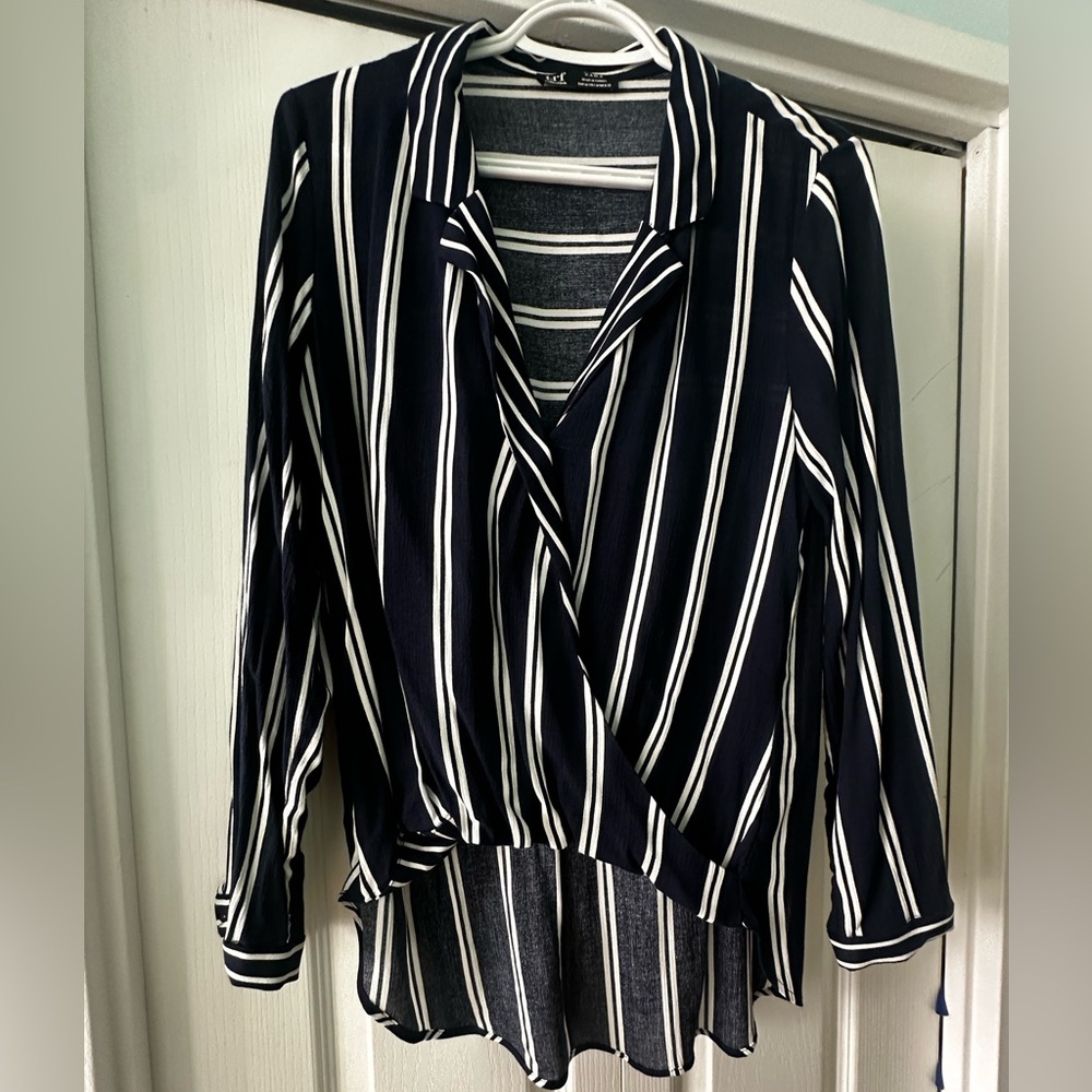 ZARA TRF Linen-Blend Navy Striped High-Low Blouse
